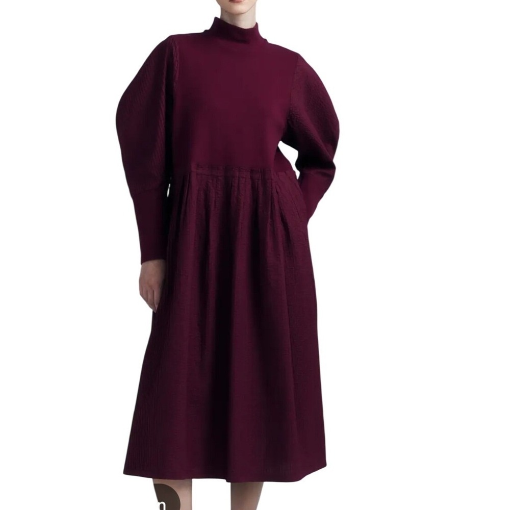 Yaccomaricard Purple Lawn Rib Pintuck Cotton Midi Dress Mock Neck NEW Size 2/M